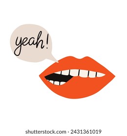 Rote Lippen mit Schriftzug Yeah. Rote sexy Lippen. Mund mit Kuss, Lächeln, Zunge und Zähnen. Handgezeichneter Vektor isoliert auf weißem Hintergrund. Ideal für Poster, T-Shirts, Postkarten.