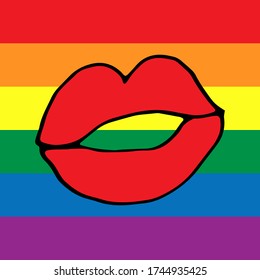 red lips and the LGBT pride flag or rainbow pride flag includes the lesbian, gay, bisexual and transgender flag of an LGBT organization. Vector illustration. Cute cartoon line art design.Company logo