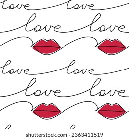 Red lips line continuous seamless pattern. Love hand writing vector. Slogan, quote, text, lettering, calligraphy, graphic design, print, banner, poster, Valentine’s Day card, wallpaper, background.