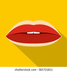 Red lips with lines drawn around it icon. Flat illustration of red lips with lines drawn around it vector icon for web isolated on yellow background