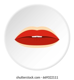 Red lips with lines drawn around it icon in flat circle isolated on white vector illustration for web