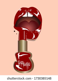 Red lips with red lipstick. Nude background. Vector illustration