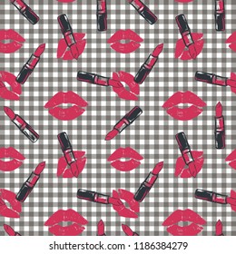 red lips and lipstick pattern on check background