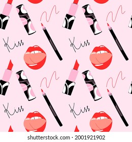 Los labios rojos y los labios rojos son un patrón transparente. Palo de labio sexy para mujeres. Palo de labio de mujer con maquillaje, lengua y dientes blancos, vectores de dibujos animados decoración contemporánea textil, papel de revestimiento papel tapizado vectorial impresión o tela