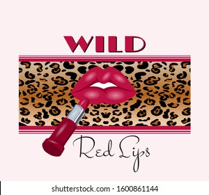 Red lips and red lipstick. Vector illustration. Creative artwork. Template for card, poster, banner, print for t-shirt, pin, badge, patch.