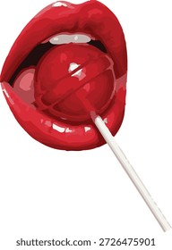 Labios rojos con piruleta roja sobre fondo blanco
