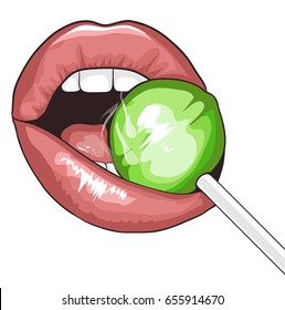 Red lips with Lollipop, vector illustration