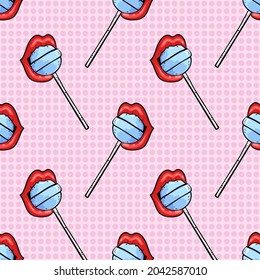 Red lips with lollipops. Seamless candy pattern in retro style
