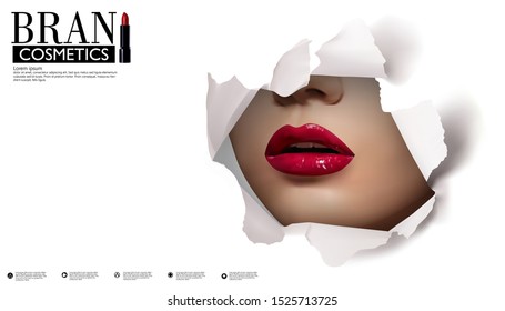 Red lips look through the hole in the white paper.Beautiful model girl.beauty product illustration. 