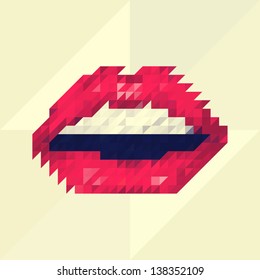 Red lips made of small triangles, pixels