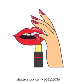 red  lips and manicure nails . makeup and cosmetics, vector illustration