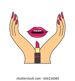 red  lips and manicure nails . makeup and cosmetics, vector illustration