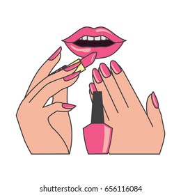 red  lips and manicure nails . makeup and cosmetics, vector illustration