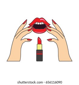red  lips and manicure nails . makeup and cosmetics, vector illustration
