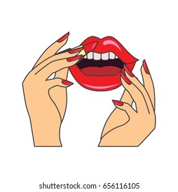 red  lips and manicure nails . makeup and cosmetics, vector illustration