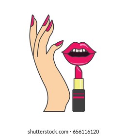 red  lips and manicure nails . makeup and cosmetics, vector illustration