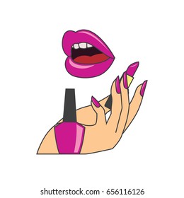 red  lips and manicure nails . makeup and cosmetics, vector illustration