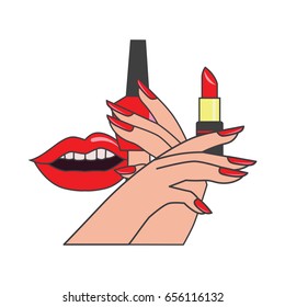 red  lips and manicure nails . makeup and cosmetics, vector illustration