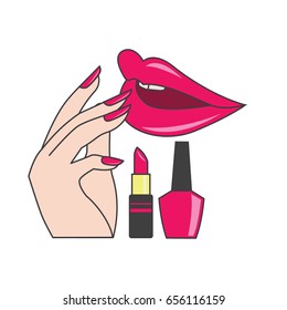 red  lips and manicure nails . makeup and cosmetics, vector illustration