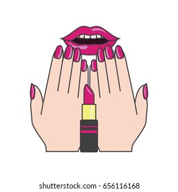 red  lips and manicure nails . makeup and cosmetics, vector illustration