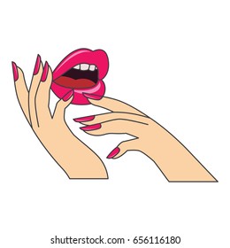red  lips and manicure nails . makeup and cosmetics, vector illustration