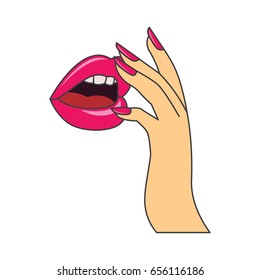 red  lips and manicure nails . makeup and cosmetics, vector illustration