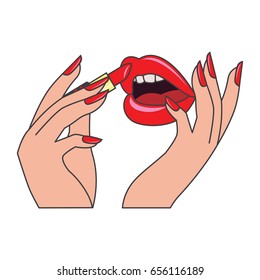 red  lips and manicure nails . makeup and cosmetics, vector illustration