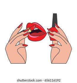 red  lips and manicure nails . makeup and cosmetics, vector illustration