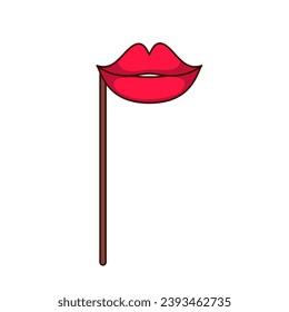 Rote Lippen-Maske auf Stock, Vektorgrafik. Cartoon-einzelne Retro-Kiss-Aufkleber und Fotostand-Requips, lustige weibliche Lippen mit Lächeln zum Selfie auf Geburtstag- oder Hühnerfeiern, fröhliche Weihnachtsfeiern