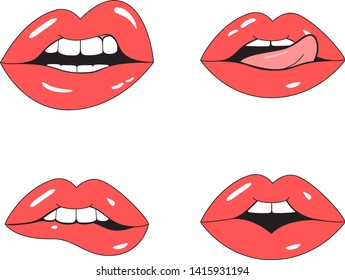 Red lips mouth vector. Flat kiss icon set isolated on white background. Collection of different gestures female lips mouth for kiss icon, lipstick and makeup product design. Vector illustration