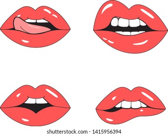 Red lips mouth vector. Flat kiss icon set isolated on white background. Collection of different gestures female lips mouth for kiss icon, lipstick and makeup product design. Vector illustration