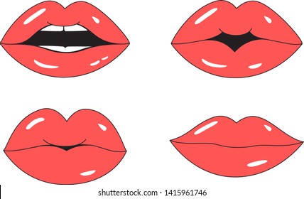 Red lips mouth vector. Flat kiss icon set isolated on white background. Collection of different gestures female lips mouth for kiss icon, lipstick and makeup product design. Vector illustration