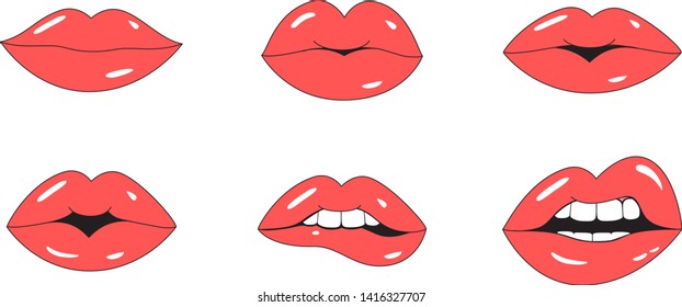 Red lips mouth vector. Flat kiss icon set isolated on white background. Collection of different gestures female lips mouth for kiss icon, lipstick and makeup product design. Vector illustration