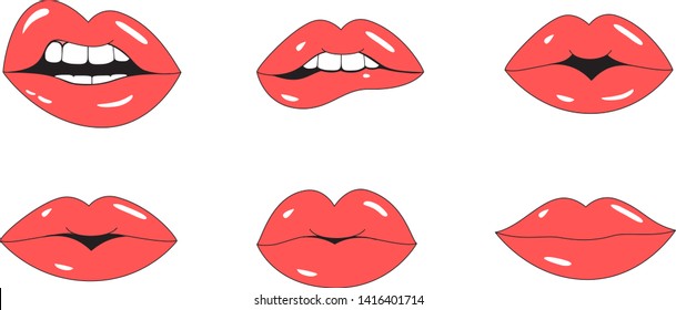 Vector de boca de labios rojos. Icono de beso plano aislado en fondo blanco. Colección de diferentes gestos de boca de labios femeninos para el icono de beso, pintalabios y diseño de productos de maquillaje. Ilustración del vector