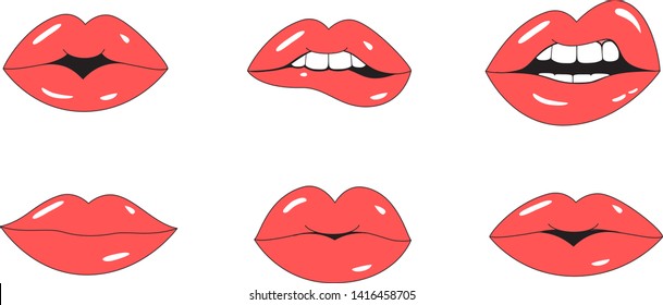Red lips mouth vector. Flat kiss icon set isolated on white background. Collection of different gestures female lips mouth for kiss icon, lipstick and makeup product design. Vector illustration