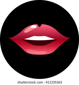 Red lips on black vector illustration for t-shirt print, sensual lips of a woman smiling, glossy lipstick picture, girl's kissing mouth, woman's pretty smile, pink lips isolated, lips and teeth icon