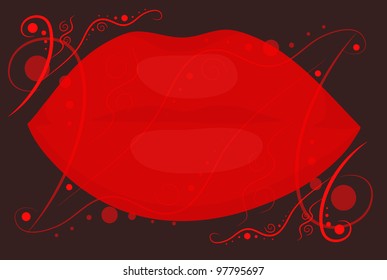 Red lips on contrast black background with fanciful embellishments. Eps 10