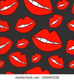 Red lips on dark gray background seamless pattern