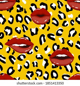 Red lips on leopard pattern background. Fashion glamour print with spotted leopard skin texture.