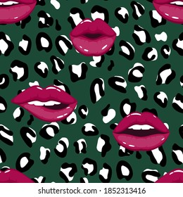 Red lips on leopard pattern background. Fashion glamour print with spotted leopard skin texture.