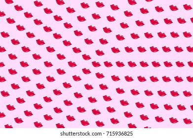 Red lips on pink background. Kissing lips vector pattern. Centered regular pattern with red lips symbol. Funny romantic vector background with repeating kiss. St Valentine Day cartoon wrapping paper