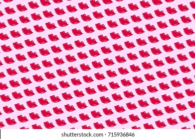 Red lips on pink background. Kissing lips vector pattern. Retro style regular pattern with red lips symbol. Funny romantic vector background with repeating kiss. St Valentine Day wrapping paper