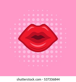 Red lips on pink half-tone pattern background made in comics style