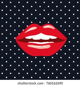 red lips on pop art on black background with white dots