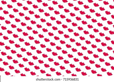 Red lips on white background. Kissing lips vector pattern. Frequent regular pattern with red lips symbol. Funny romantic vector background with repeating kiss. St Valentine Day cartoon wrapping paper