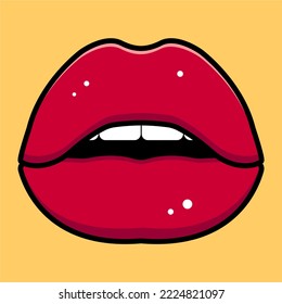 Red lips on a yellow background. Cartoon sticker. Vector illustration