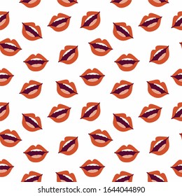 labios rojos, boca abierta con dientes y lengua. Patrón geométrico sin fisuras, vector sobre fondo blanco. Para imprimir en ropa, pantalones en T, bolsas, papel pintado en el vivero, envoltura de regalo.
