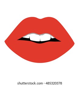 Red lips opened. Sexy and glossy female lips. Fashionable makeup and white teeth.