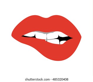 Red lips opened. Sexy and glossy female lips. Fashionable makeup and white teeth. Biting lips.