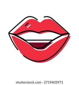 Labios rojos delineados en negro, dibujo de línea de arte pop que transmite belleza, moda y pasión, ícono de Vector minimalista y elegante de un beso o sonrisa sobre un fondo blanco